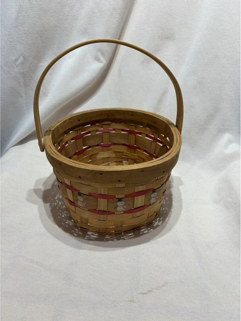 Wooden Woven Christmas Holiday Winter Basket With Handle & Snowman